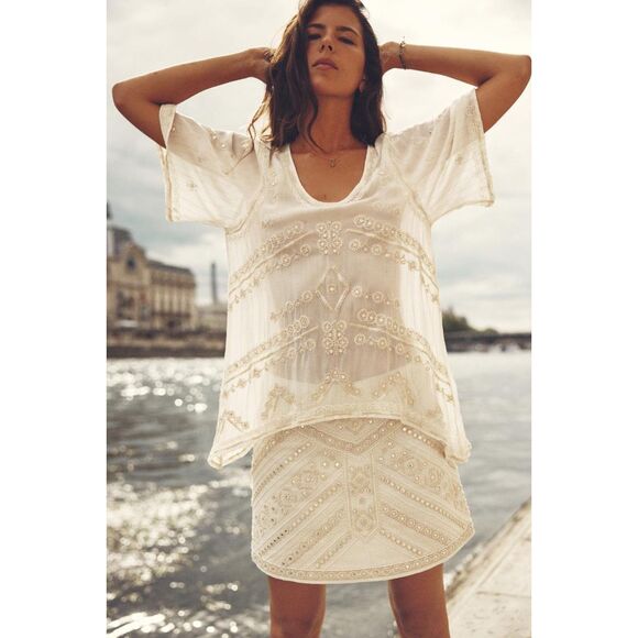 Cream Zara Bead Embellished Embroidered Striped Metallic Thread Blouse Top (NWT) - Picture 1 of 7